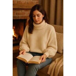 Free People Cream Textured Cotton Turtleneck Sweater Slouchy Balloon Sleeve Cozy